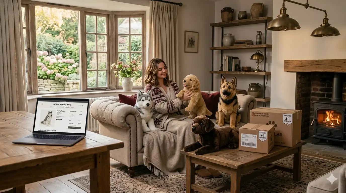 Collectible plush dogs displayed in a UK home before online purchase