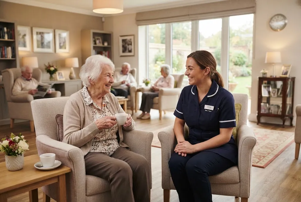 Care home near me with professional care staff supporting an older resident