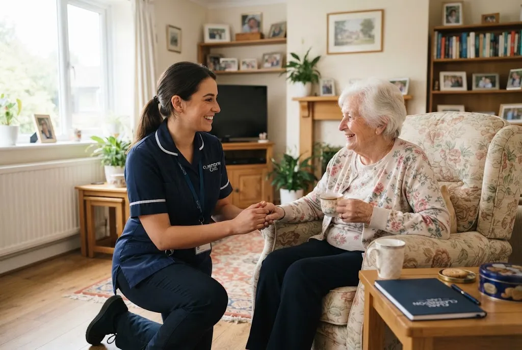 Care jobs UK opportunity with a professional care worker supporting an older person