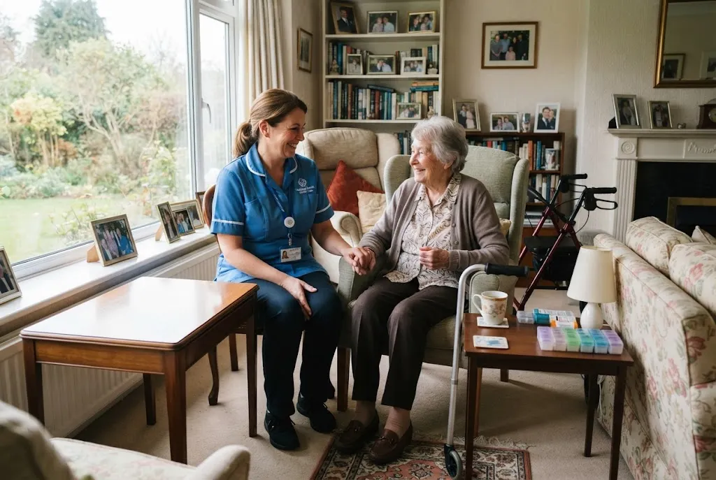 Elderly care at home with a professional care worker supporting an older person