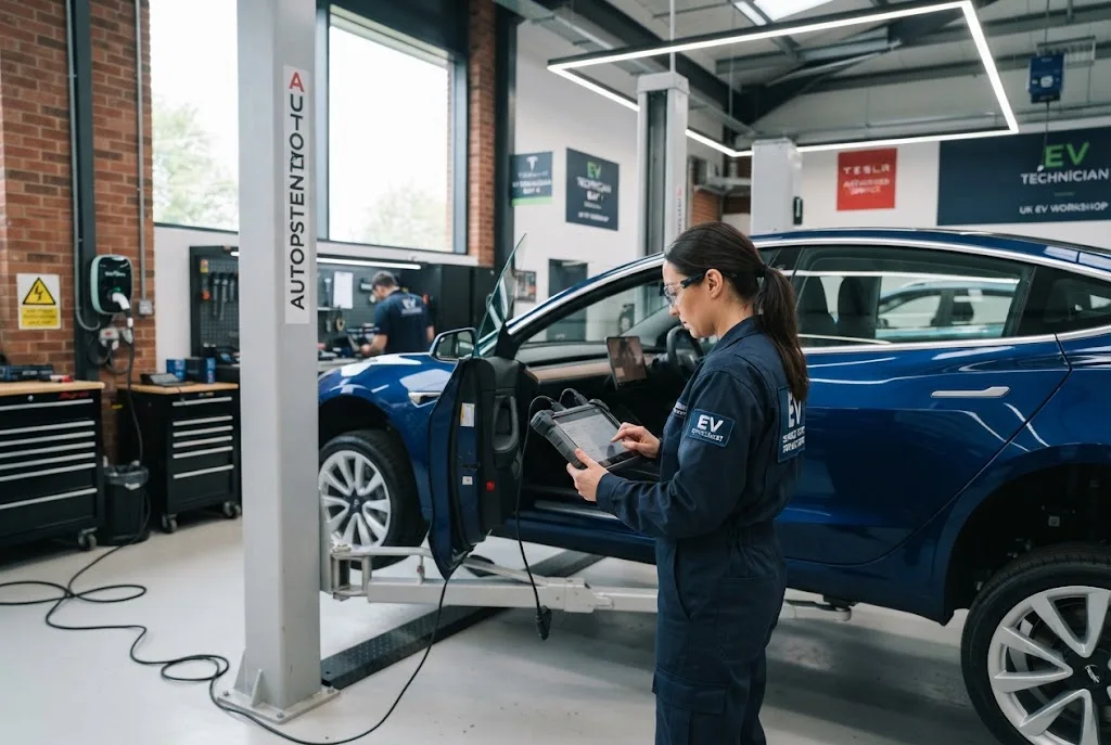 EV servicing for an electric vehicle at a UK automotive workshop