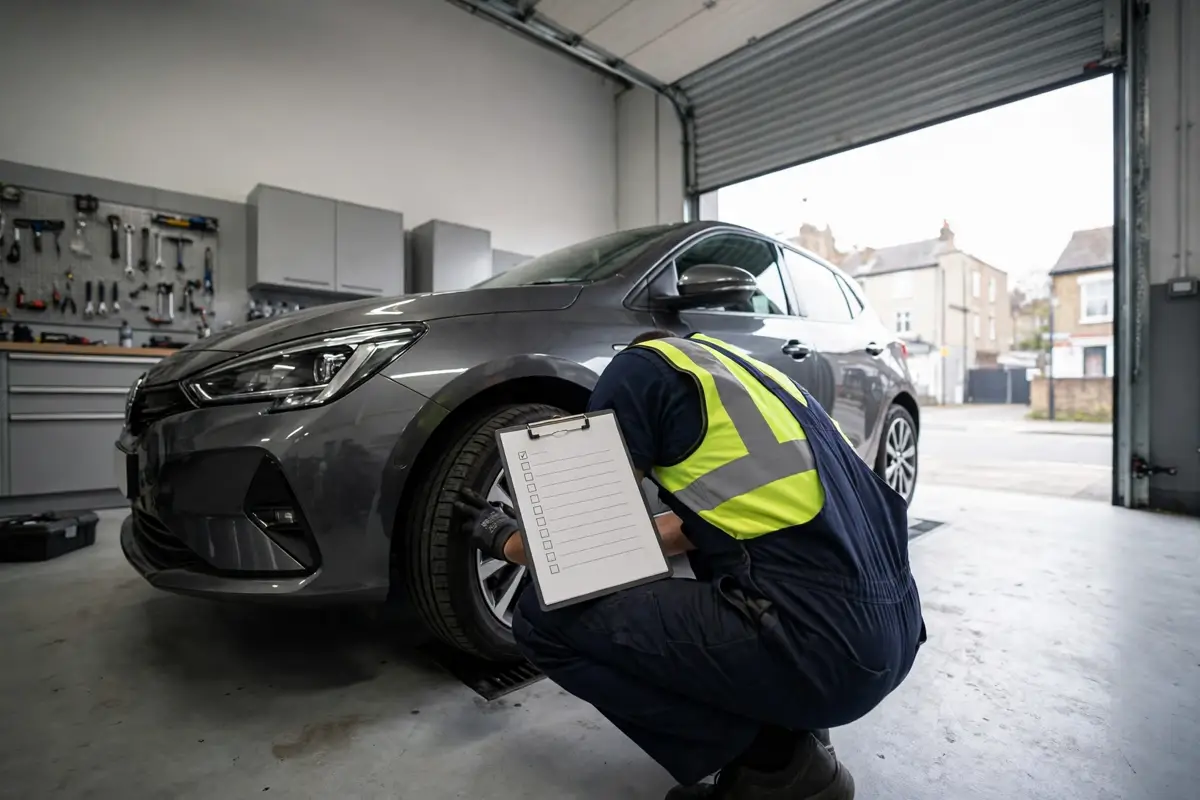 MOT and service inspection on a car at a UK garage