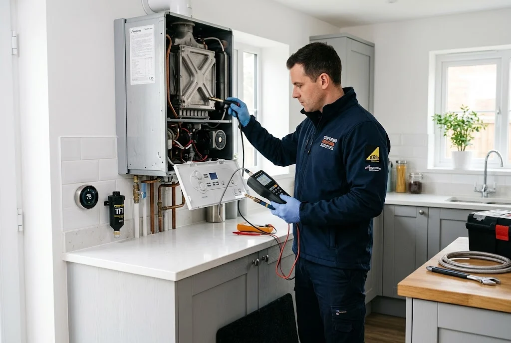 Professional boiler maintenance inspection in a UK home