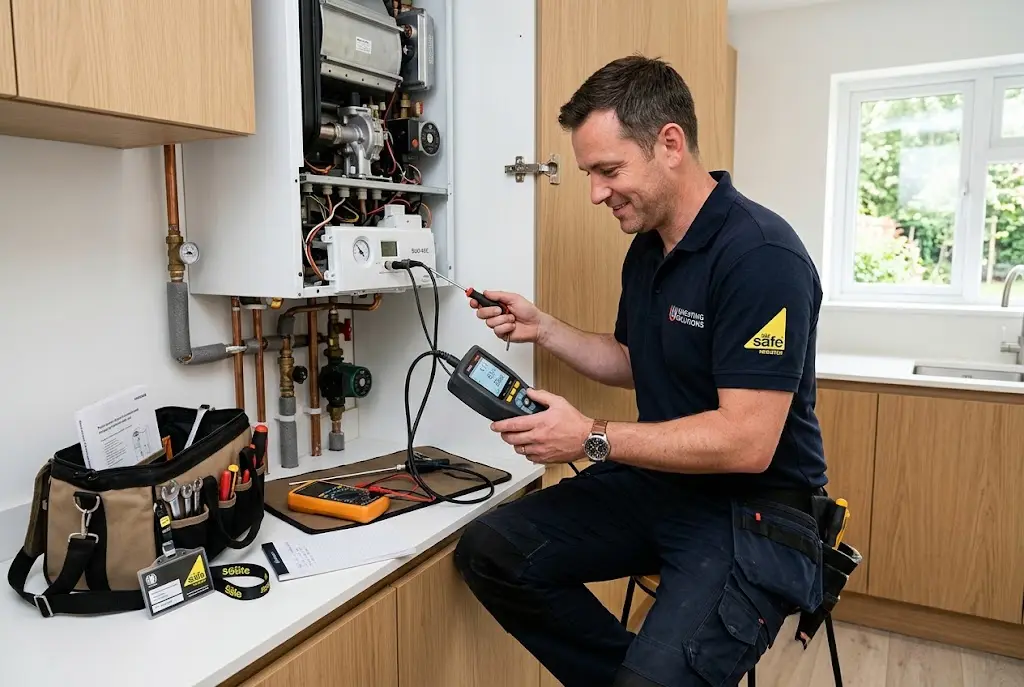 Boiler service engineer inspecting a domestic gas boiler in a UK home