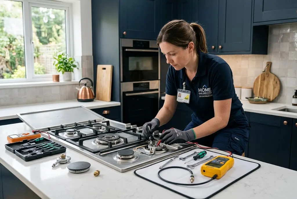 Gas appliance repair by a professional engineer in a UK kitchen