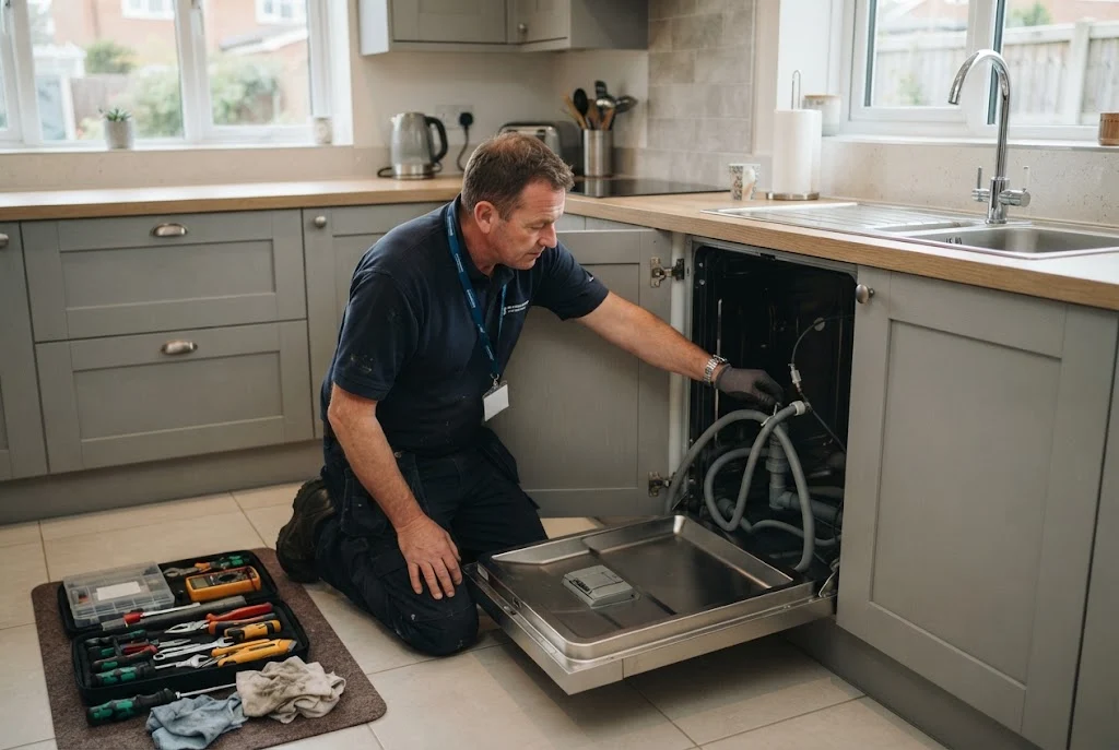 Kitchen appliance installation service fitting an integrated dishwasher in a UK home