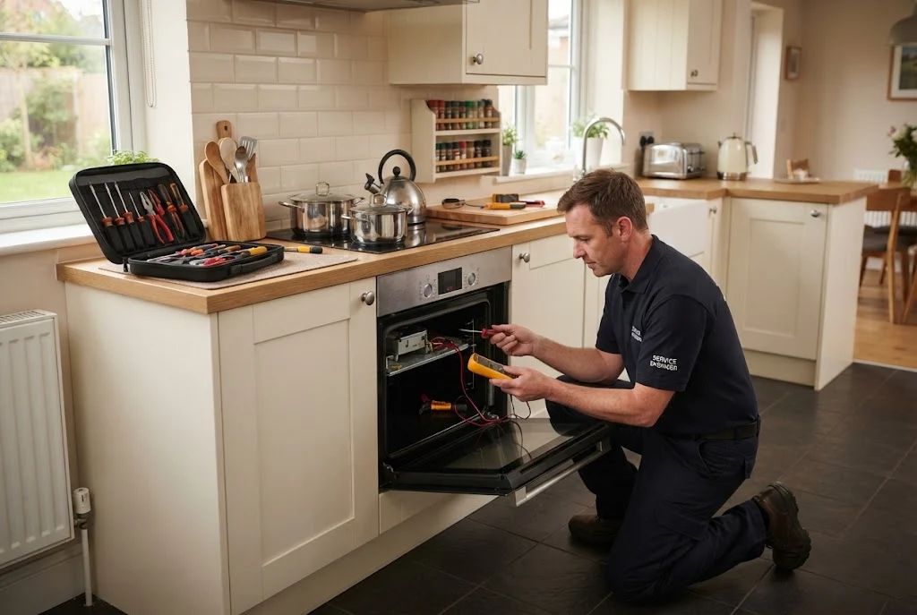 Professional oven repair service engineer inspecting a cooker in a UK kitchen