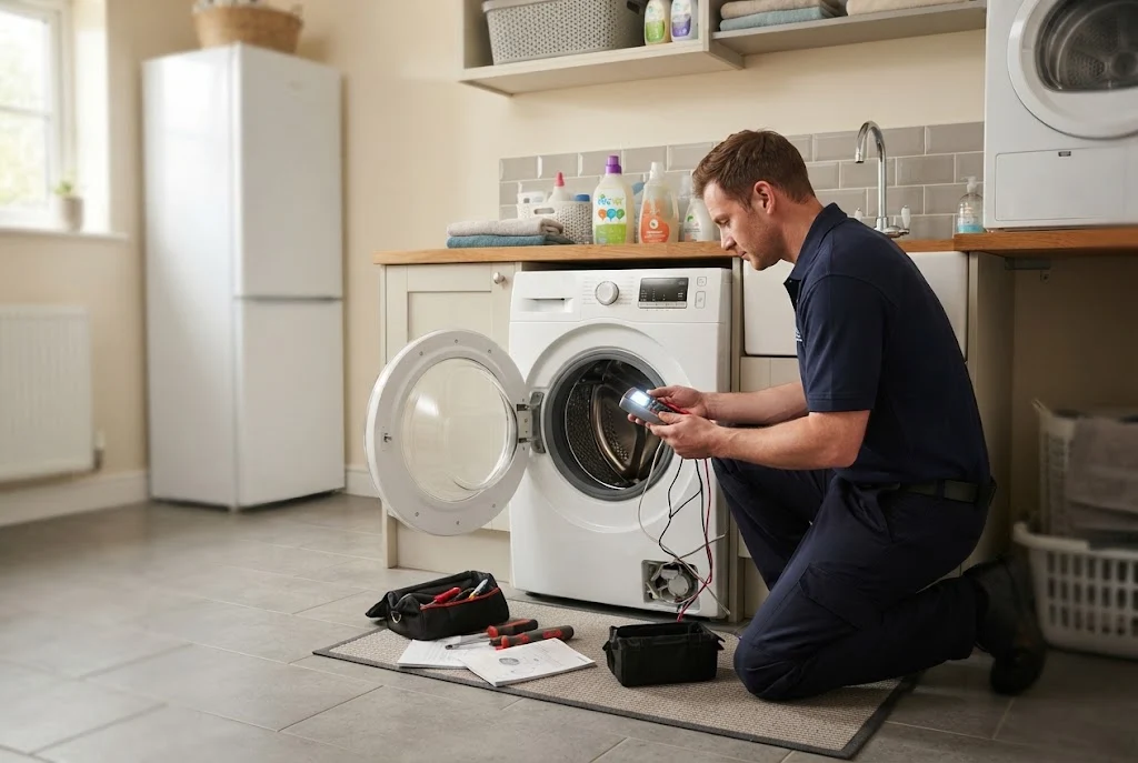White goods repairs engineer inspecting a washing machine in a UK home