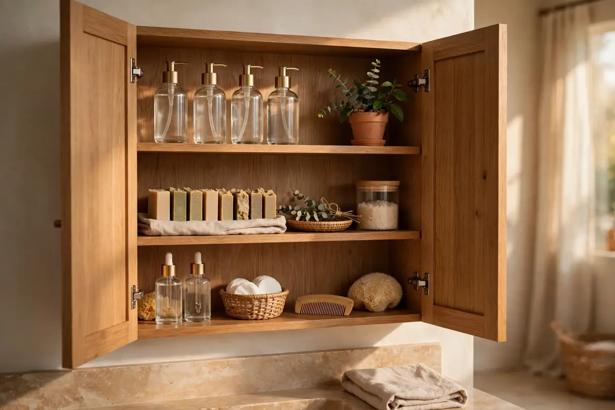 Refillable bottles and solid bars illustrating sustainable beauty in a wooden bathroom cabinet